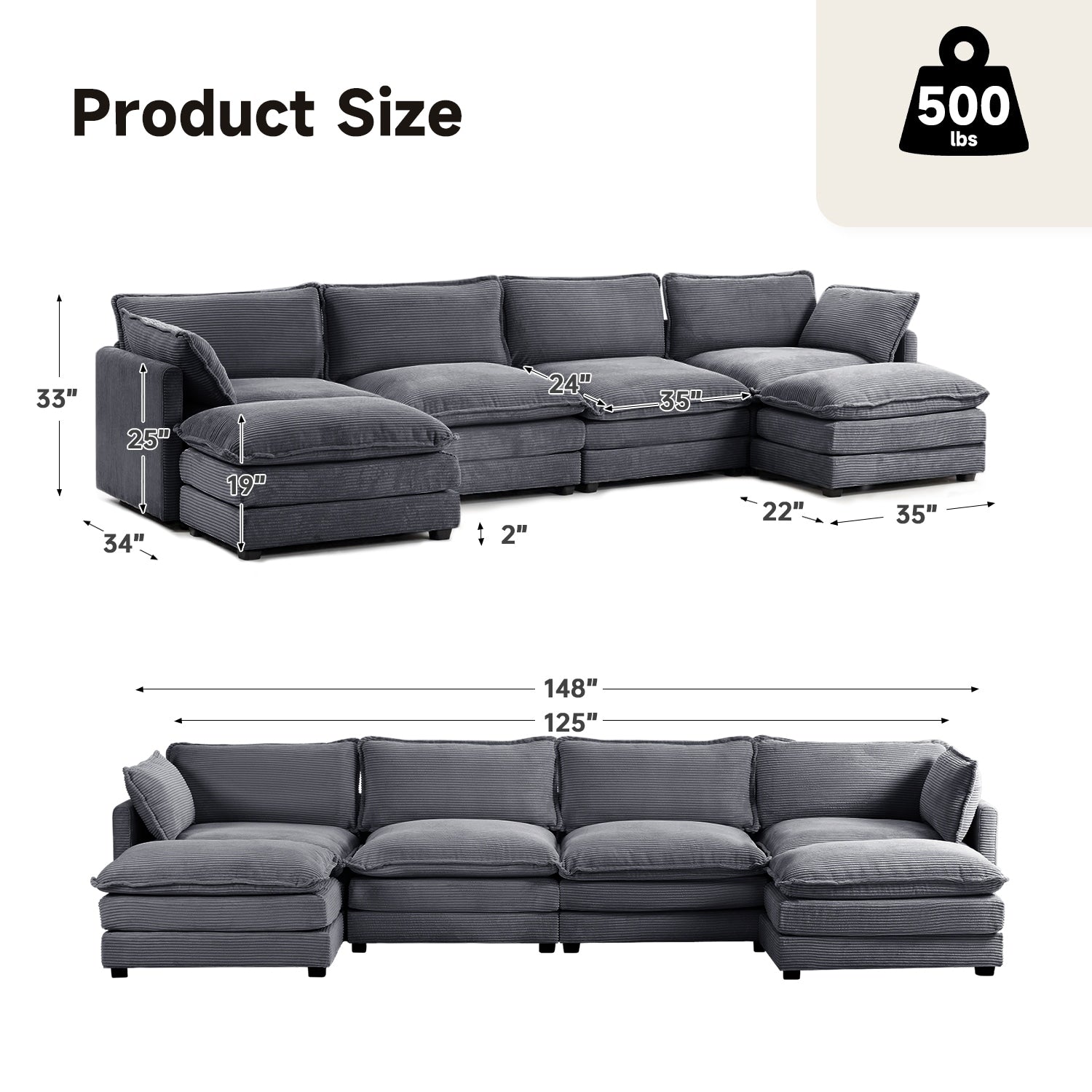 Corduroy Sectional Sofa with Removable Ottomans & Ultra-soft Cushions for Living Room & Bedroom