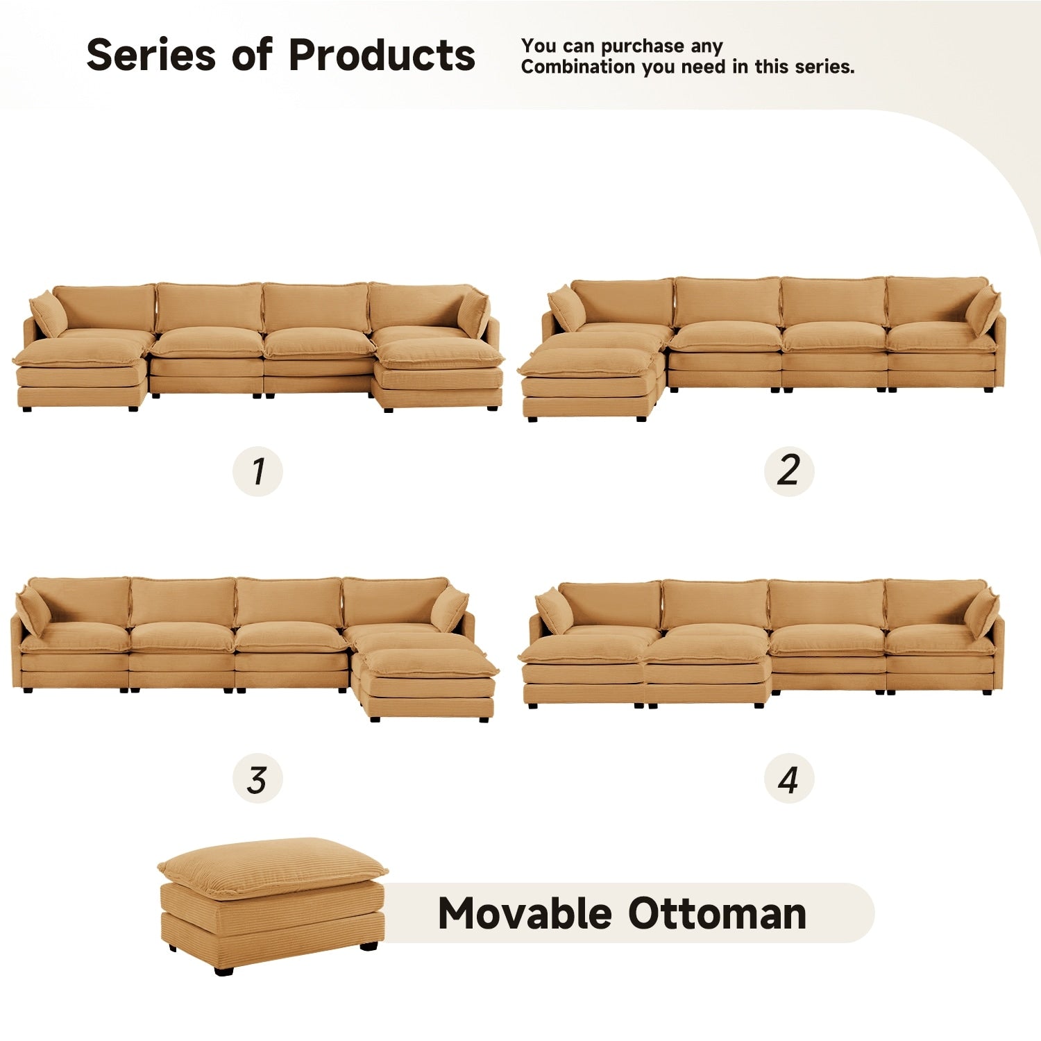 Corduroy Sectional Sofa with Removable Ottomans & Ultra-soft Cushions for Living Room & Bedroom