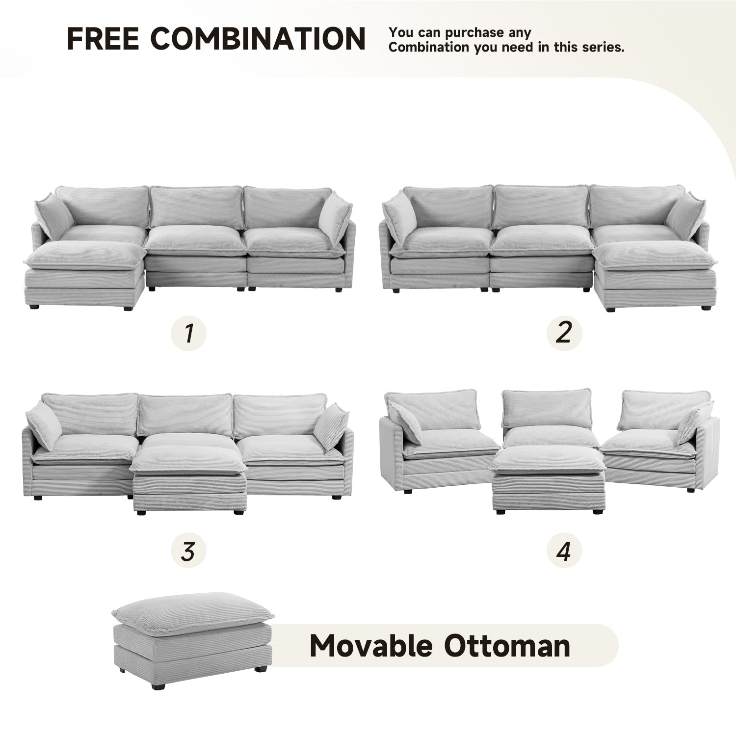 Corduroy Sectional Sofa with Removable Ottomans & Ultra-soft Cushions for Living Room & Bedroom