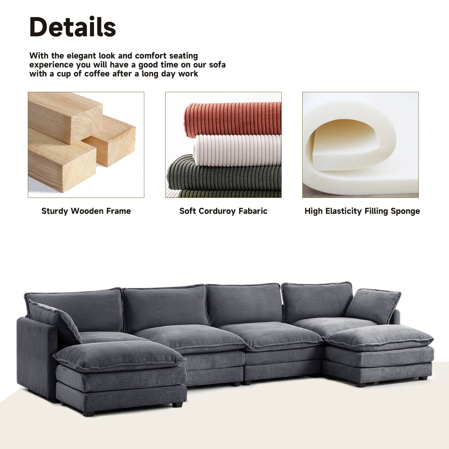 Corduroy Sectional Sofa with Removable Ottomans & Ultra-soft Cushions for Living Room & Bedroom
