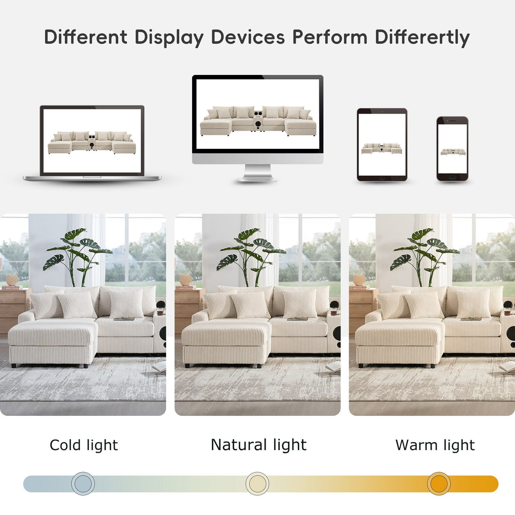 Corduroy Sectional Sofa with Bluetooth Speakers, USB Charger, Cup Holders, Storage, Ottoman, Deep and Wide Seat
