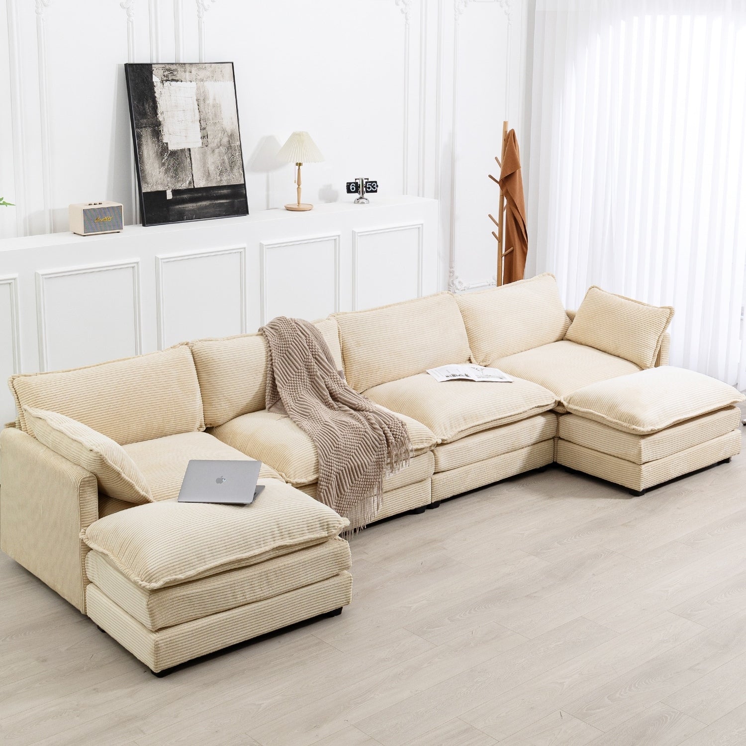 Corduroy Sectional Sofa with Removable Ottomans & Ultra-soft Cushions for Living Room & Bedroom