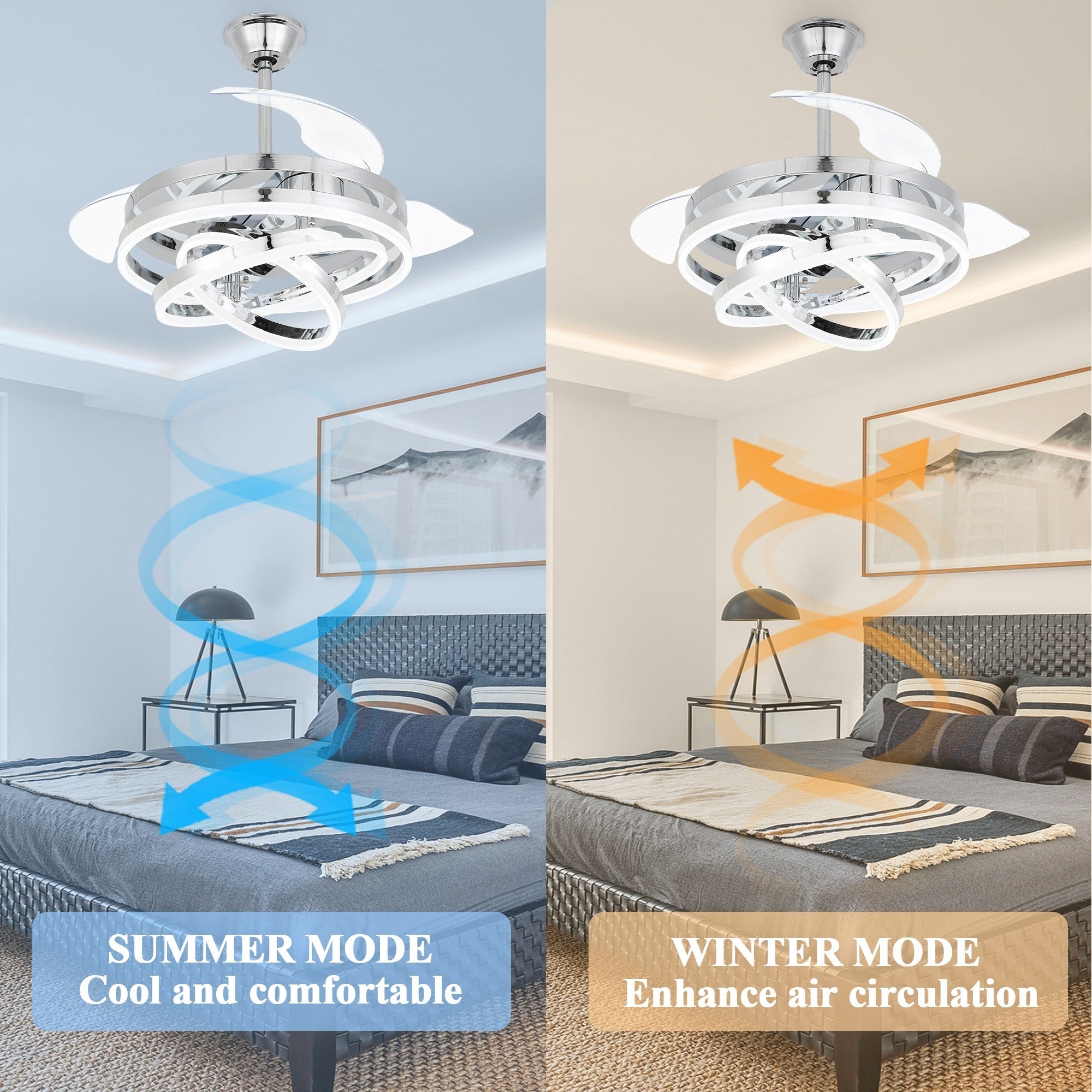 Cusp Barn 42 Retractable Ceiling Fan with Lights and Remote DIY Shape Fandelier Modern Silent DC Motor LED Ceiling Light