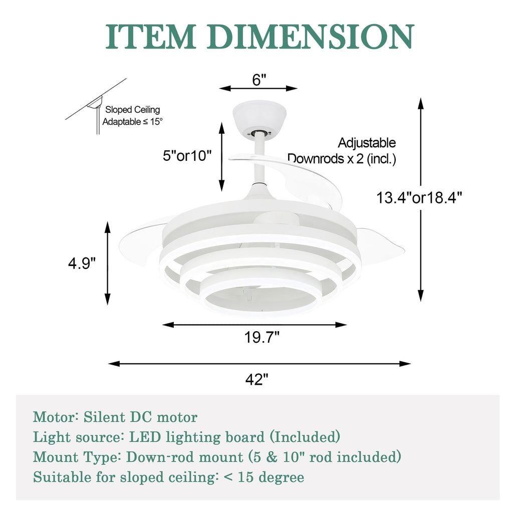 Cusp Barn 42 Retractable Ceiling Fan with Lights and Remote DIY Shape Fandelier Modern Silent DC Motor LED Ceiling Light