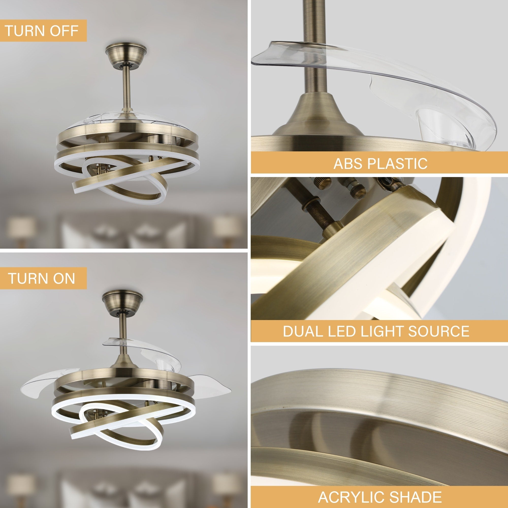 Cusp Barn 42 Retractable Ceiling Fan with Lights and Remote DIY Shape Fandelier Modern Silent DC Motor LED Ceiling Light