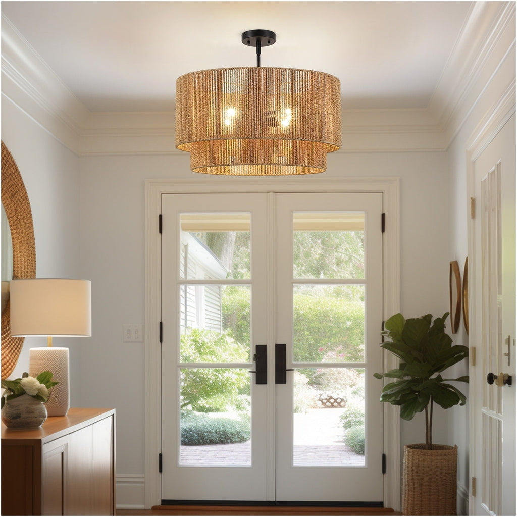 Cynthia 4-Light Natural Rattan Drum Chandelier Light - 22''W