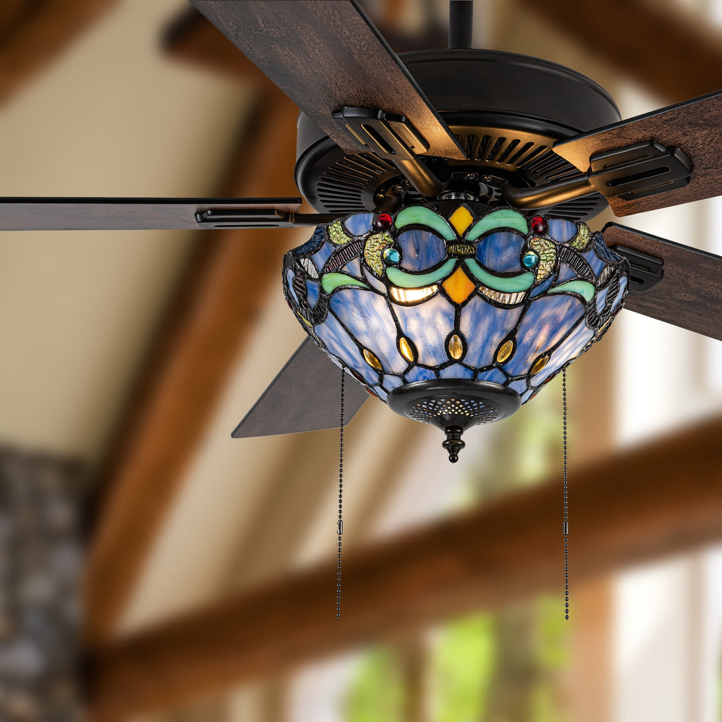 Della River of Goods Oil-Rubbed Bronze and Stained Glass 52-Inch 3-Light Remote-Controlled Ceiling Fan