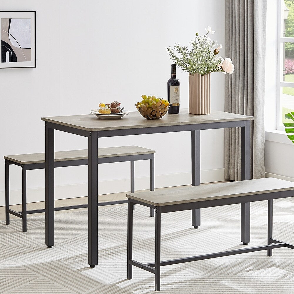 Dining Table Set, Wood Bar Table Set, Kitchen Table w/2 Benches - 3-Piece