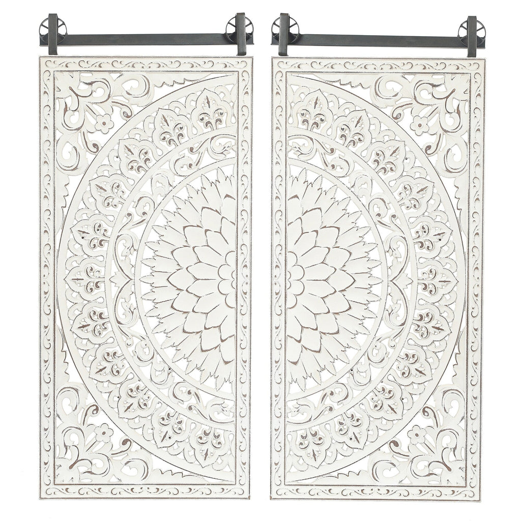 Distressed Ivory White Wood Flower Wall Art with Black Accents (Set of 2)