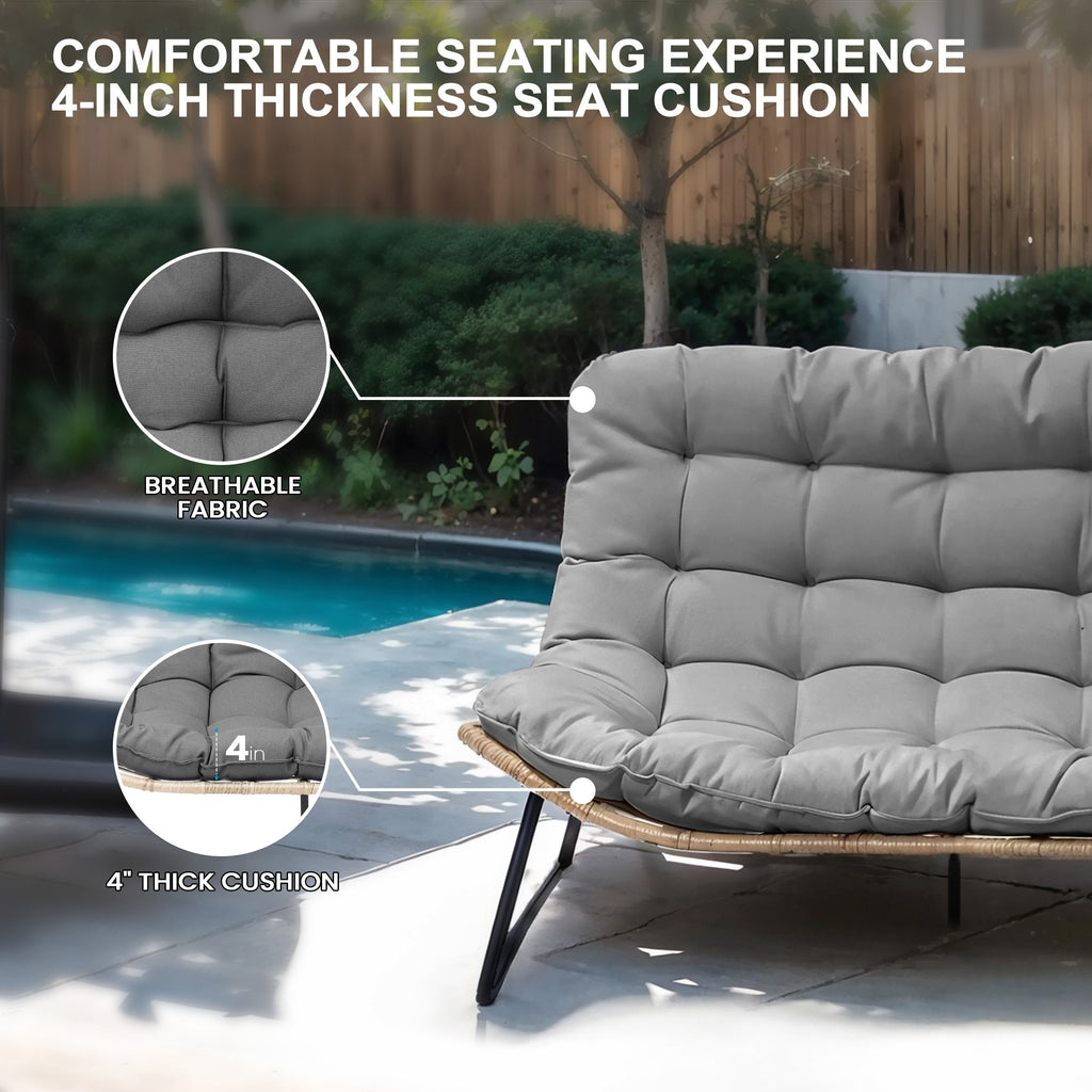 Double Papasan Chair Loveseat with Cushion, All-weather PE Rattan and Metal Frame for Indoor Outdoor