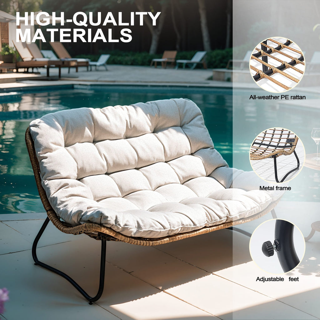 Double Papasan Chair Loveseat with Cushion, All-weather PE Rattan and Metal Frame for Indoor Outdoor