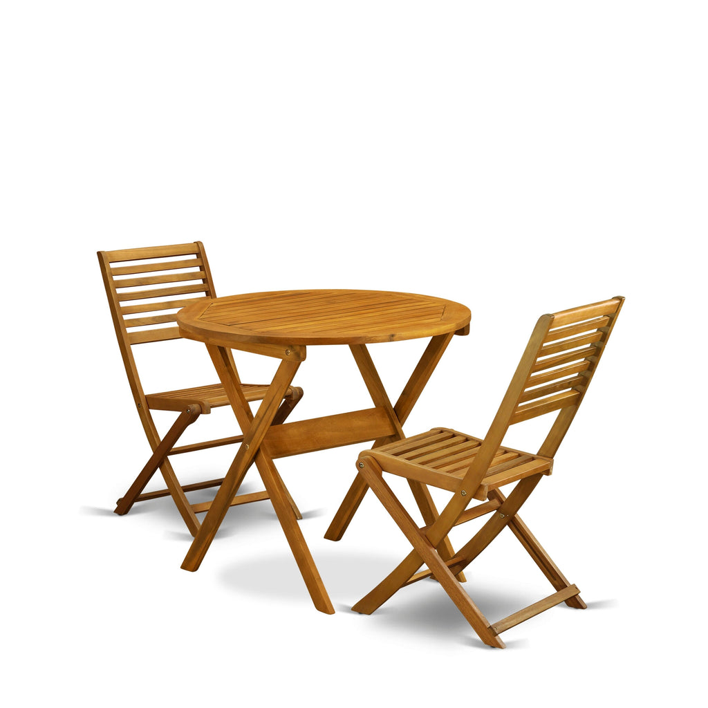 East West Furniture Outdoor Conversation Bistro Set Contains a Round Wood Coffee Table and 2 Folding Side Chairs, Natural Oil