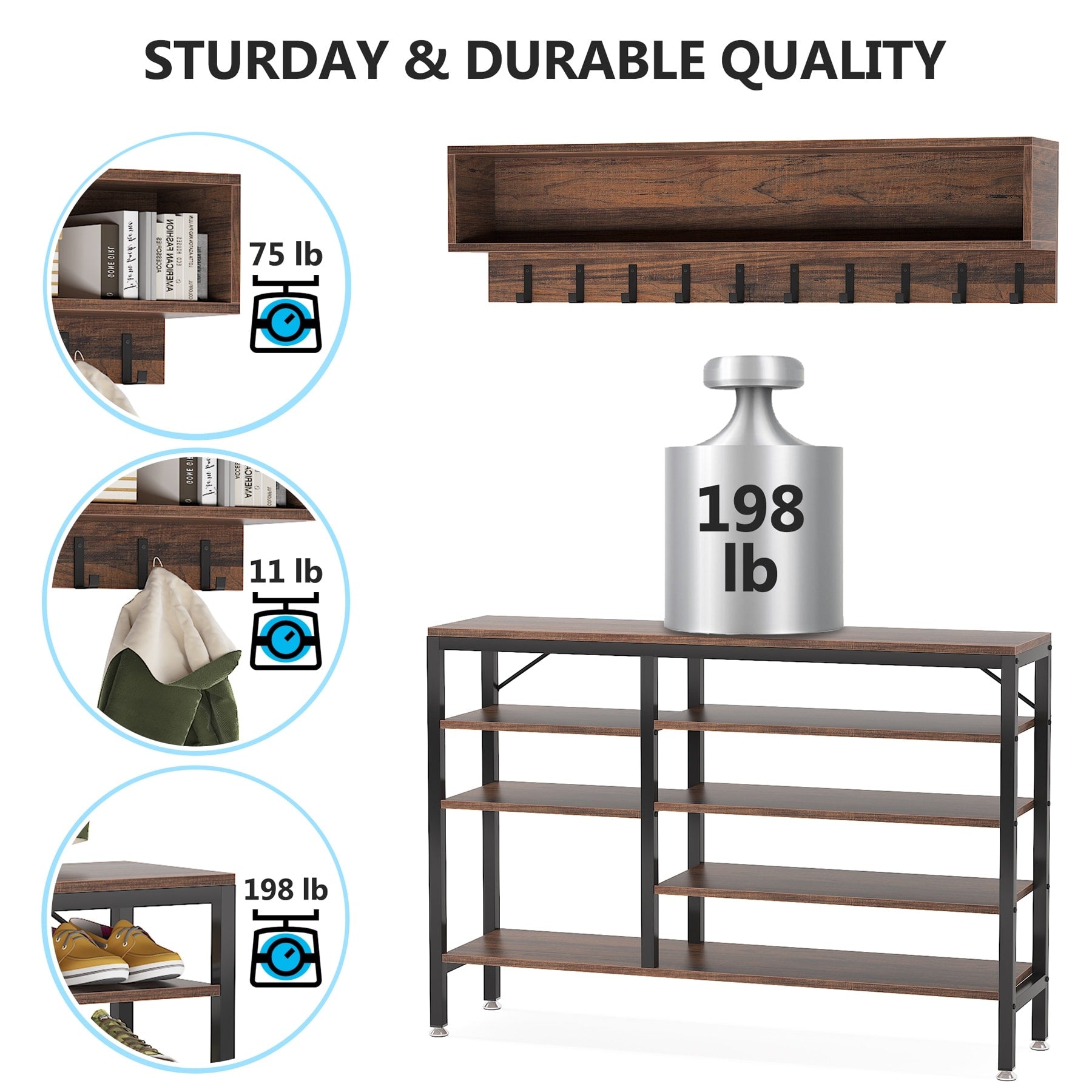 Entryway Coat Rack Shoe Bench Set, Industrial Hall Tree Coat Shoe Rack