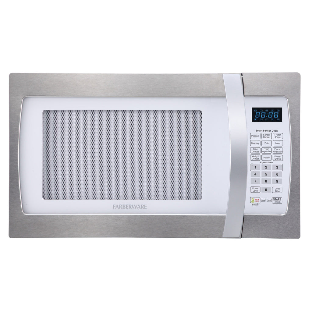 Farberware Professional 1.3 Cu. Ft. 1100-Watt Microwave Oven with Smart Sensor Cooking, White and Platinum