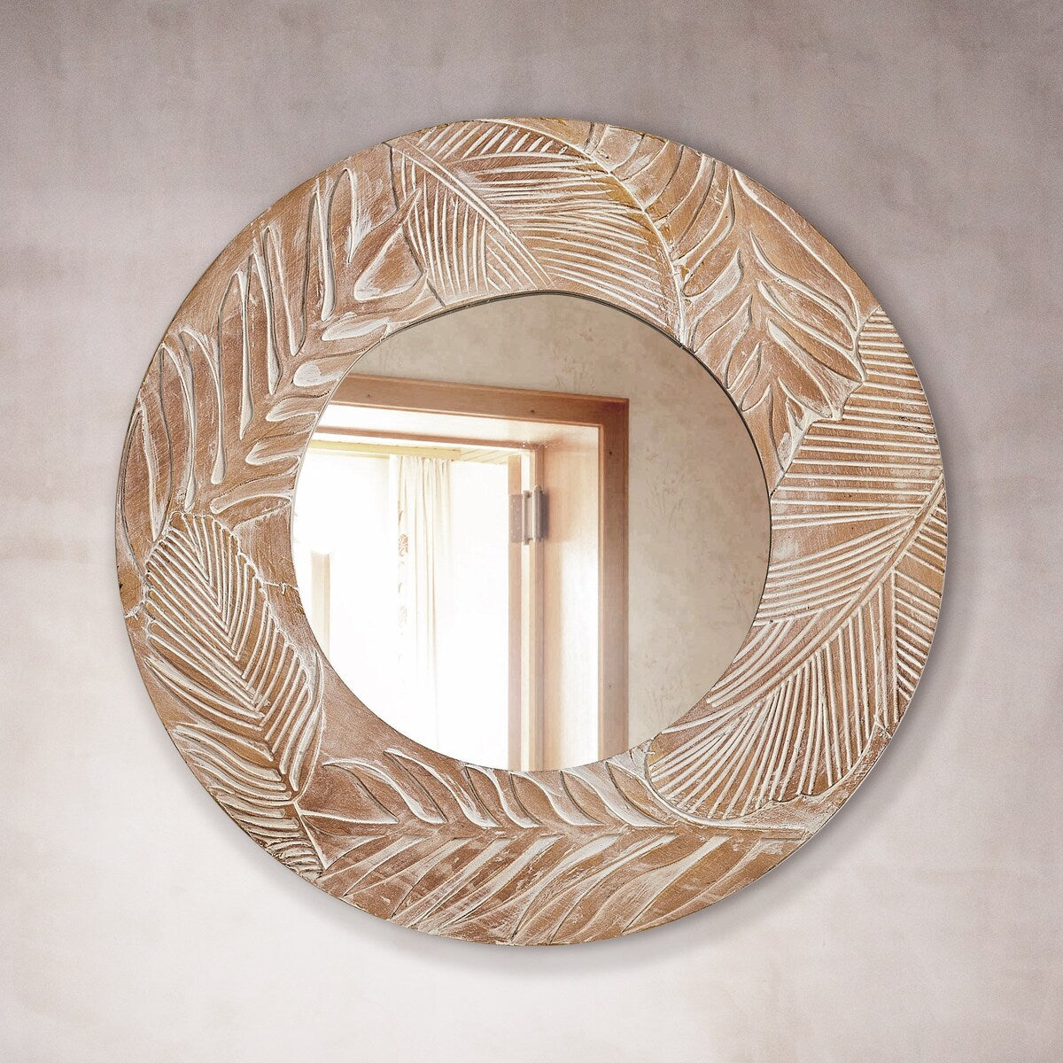 Farmhouse Carved Wood Round Wall Mirror - 28 x 28