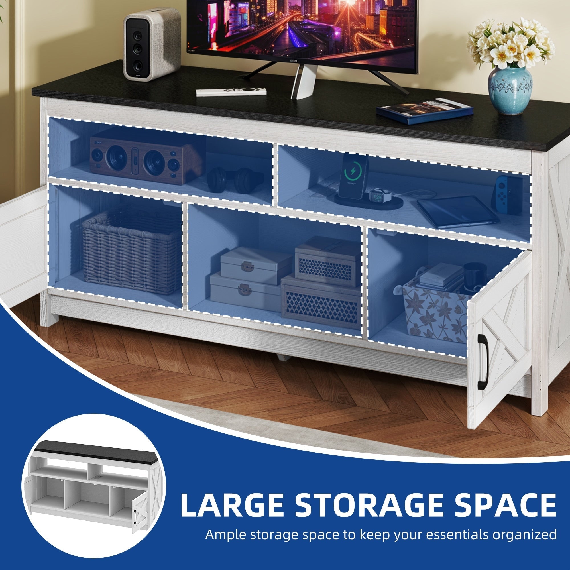 Farmhouse TV Stand for up to 65 TV with Doors and Open Shelves Media Console Power Outlet