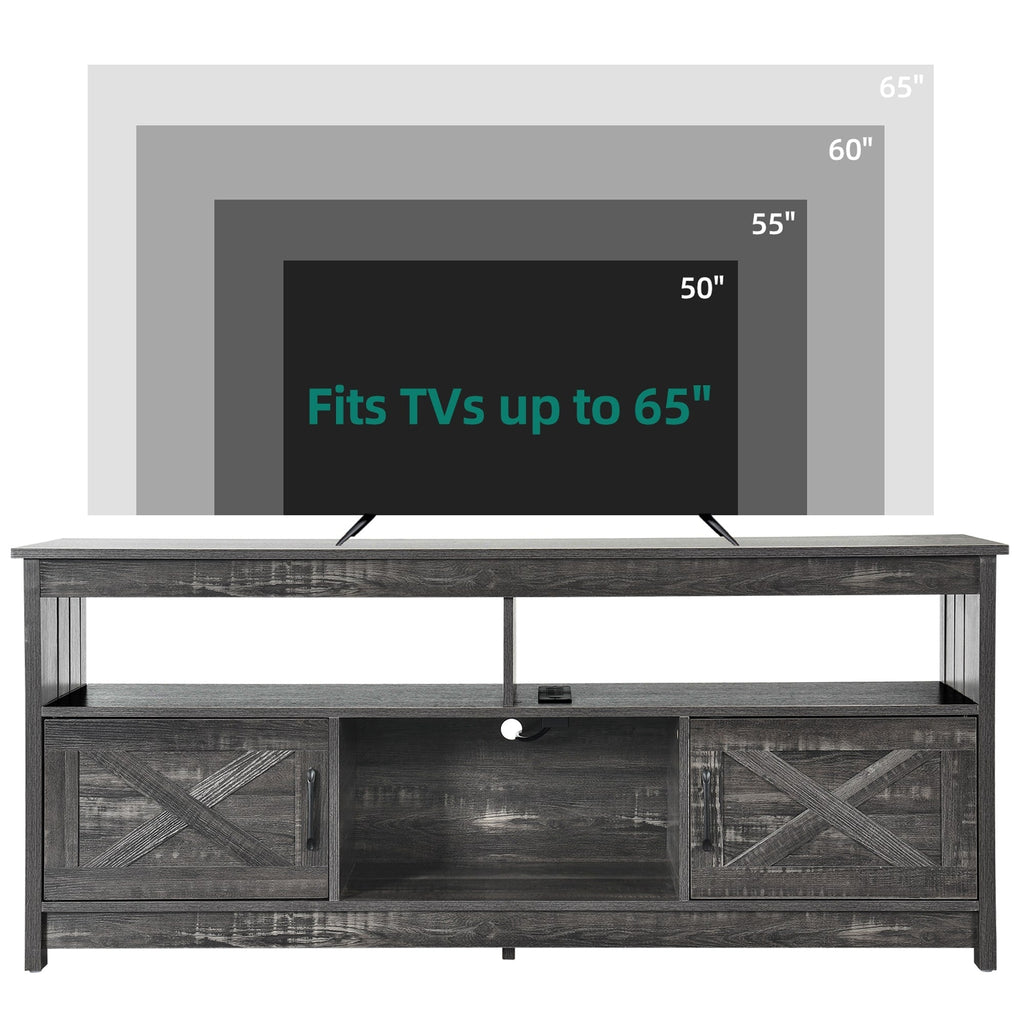 Farmhouse TV Stand for up to 65 TV with Doors and Open Shelves Media Console Power Outlet