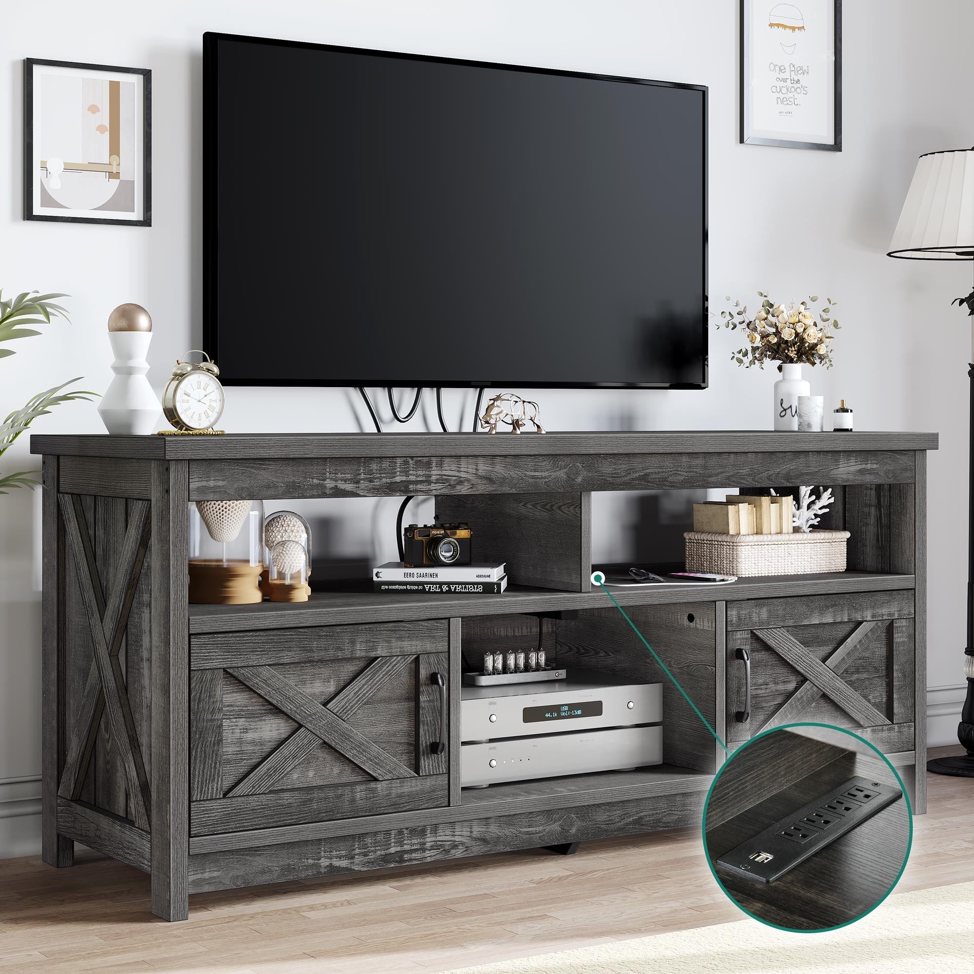 Farmhouse TV Stand for up to 65 TV with Doors and Open Shelves Media Console Power Outlet