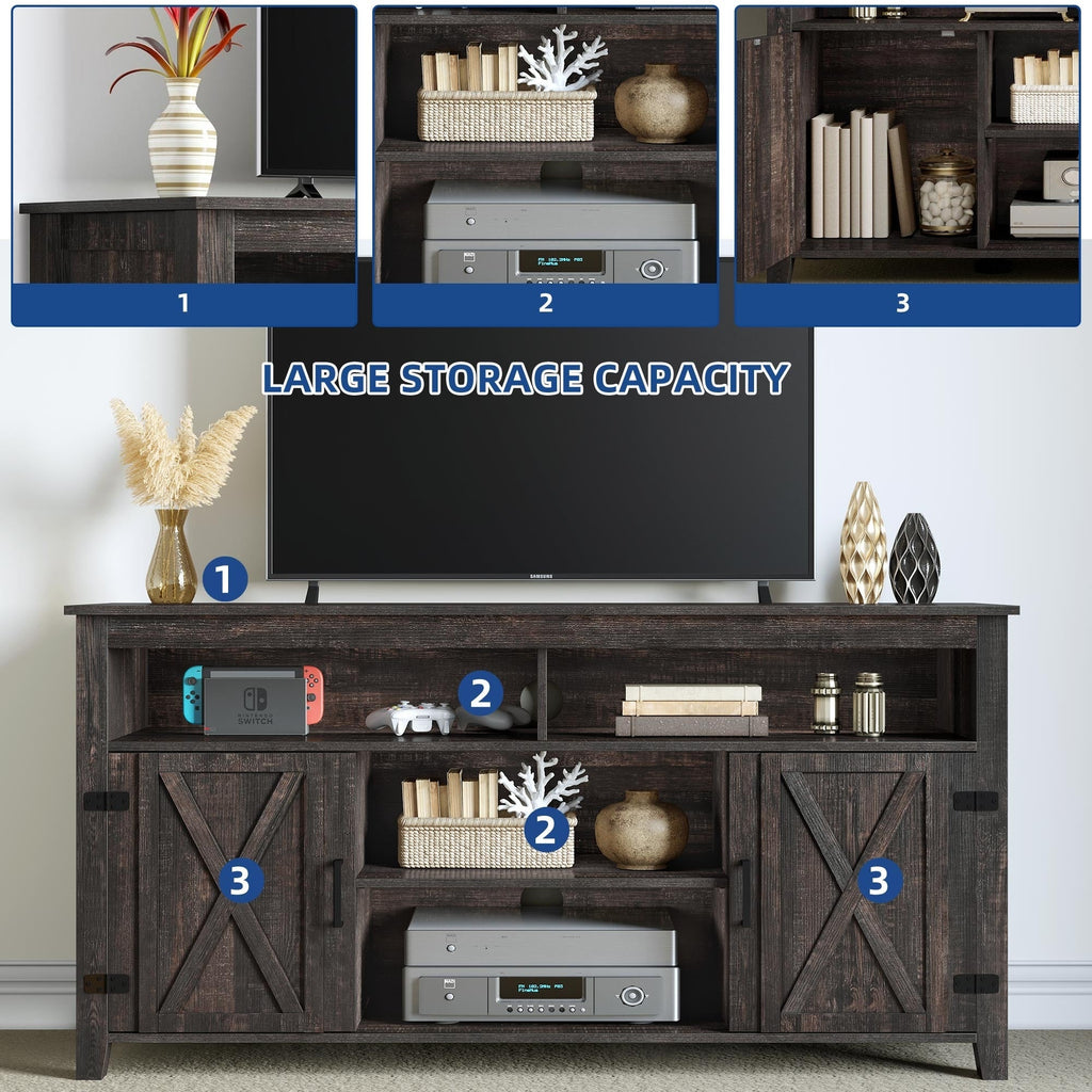 Farmhouse TV Stand for up to 65 TV with Doors and Open Shelves Media Console Power Outlet