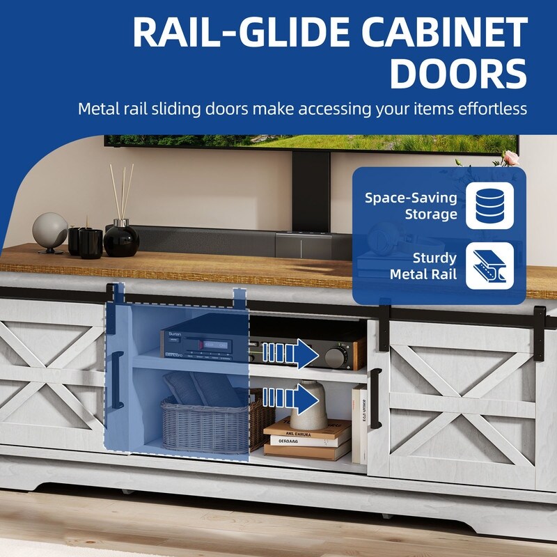 Farmhouse TV Stand for up to 65 TV with Doors and Open Shelves Media Console Power Outlet