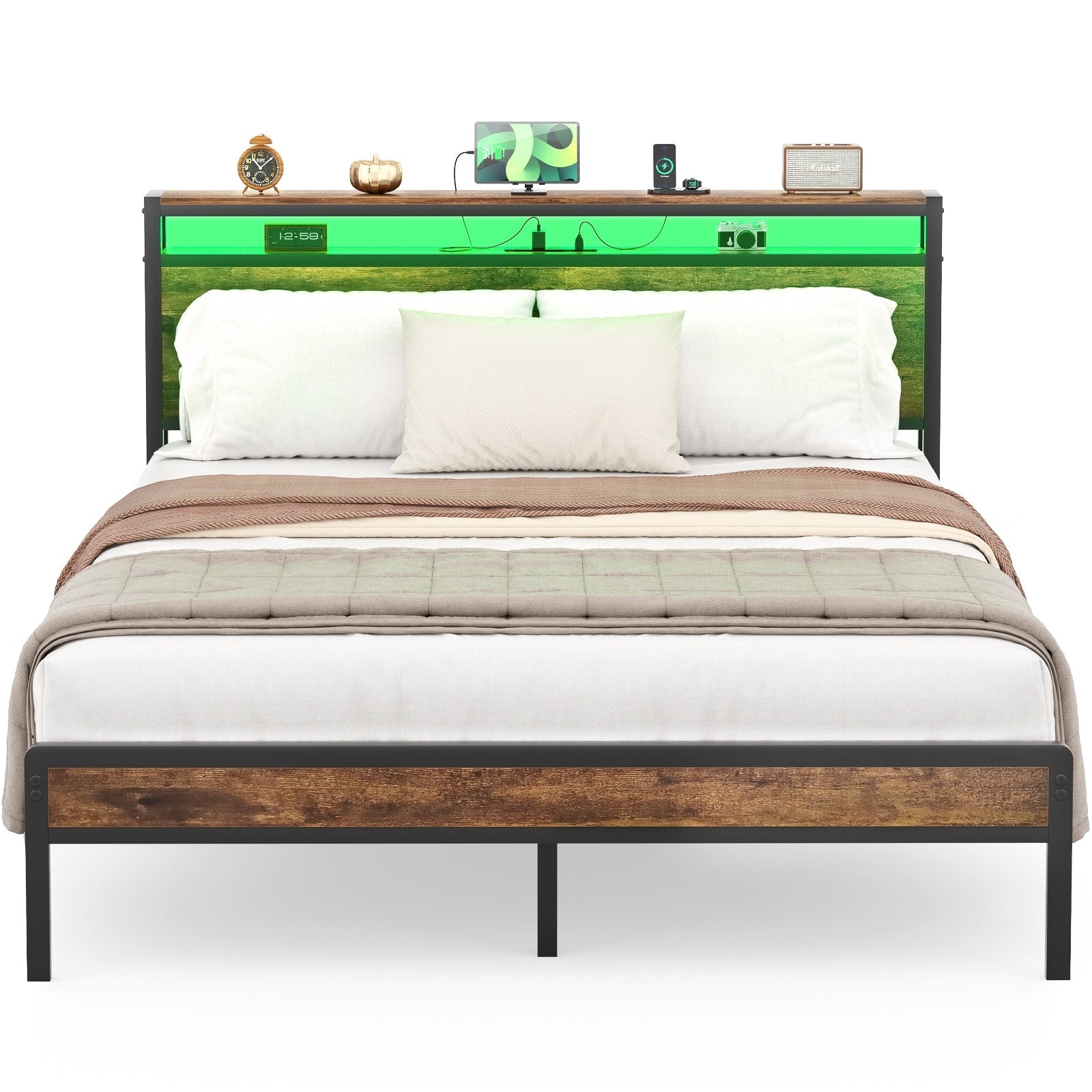 Farmhouse Wood Platform Bed Frame with Charged Station and LED Lights