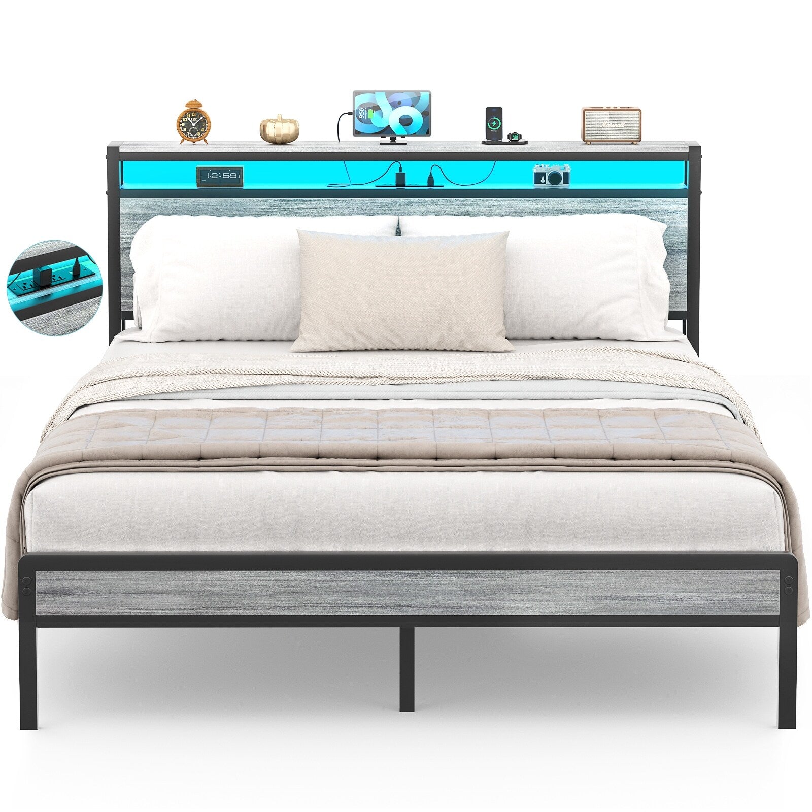Farmhouse Wood Platform Bed Frame with Charged Station and LED Lights