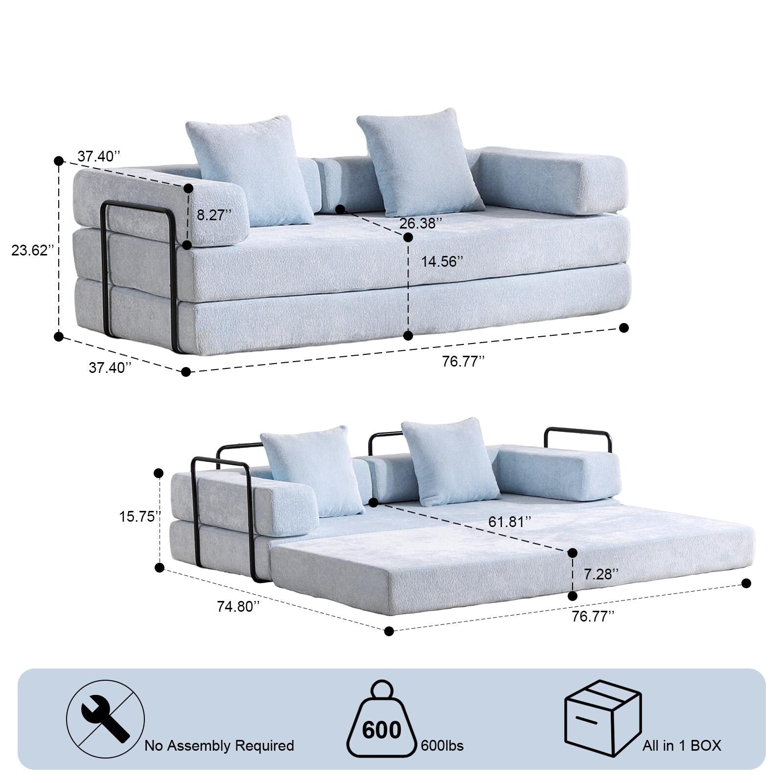 Floor Sofa Bed Convertible with Pillow Back Chenille Fabric for Living Room Bedroom