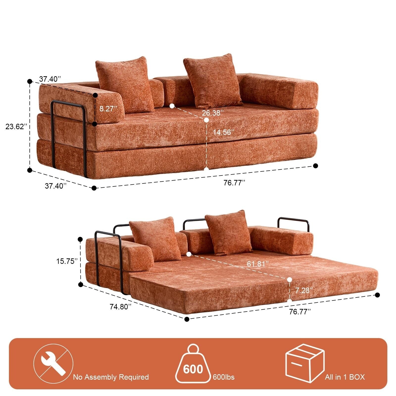 Floor Sofa Bed Convertible with Pillow Back Chenille Fabric for Living Room Bedroom