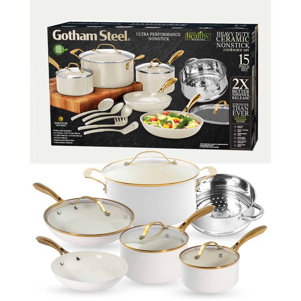 Gotham Steel Cream Pots and Pans 15 Piece Ultra Nonstick Ceramic Cookware Set with Utensils