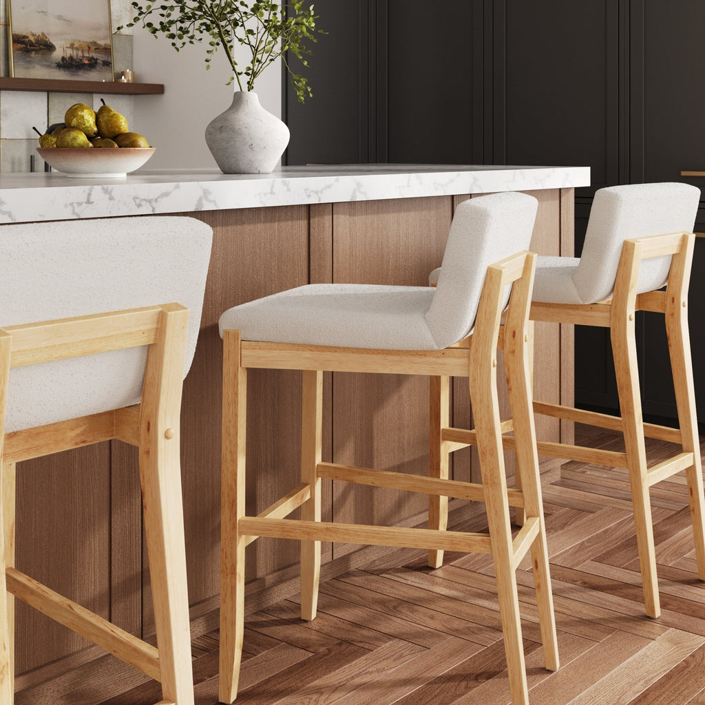 Gracie Modern Bar Stool, Boucle Upholstered Chair and Brushed Wooden Legs