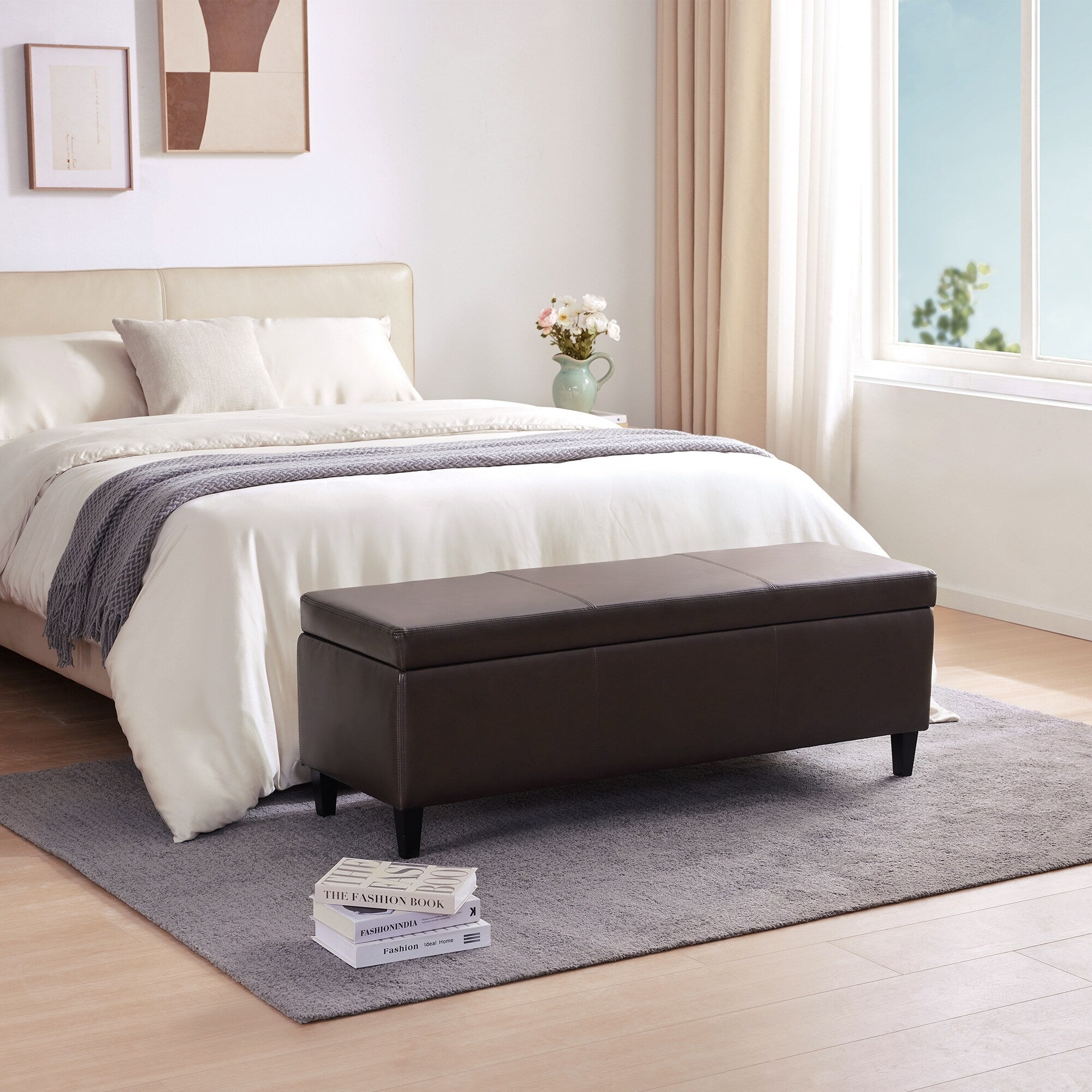 50.3 x 17.50 x 18 Upholstered Rectangular Storage Ottoman-Faux Leather