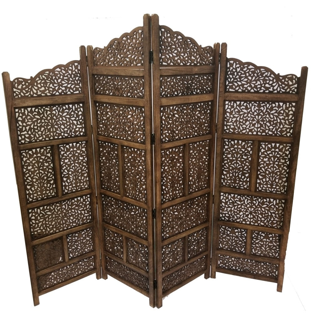 Benzara Hand Carved Foldable 4 Panel Wooden Partition Screen/RoomDivider,Brown