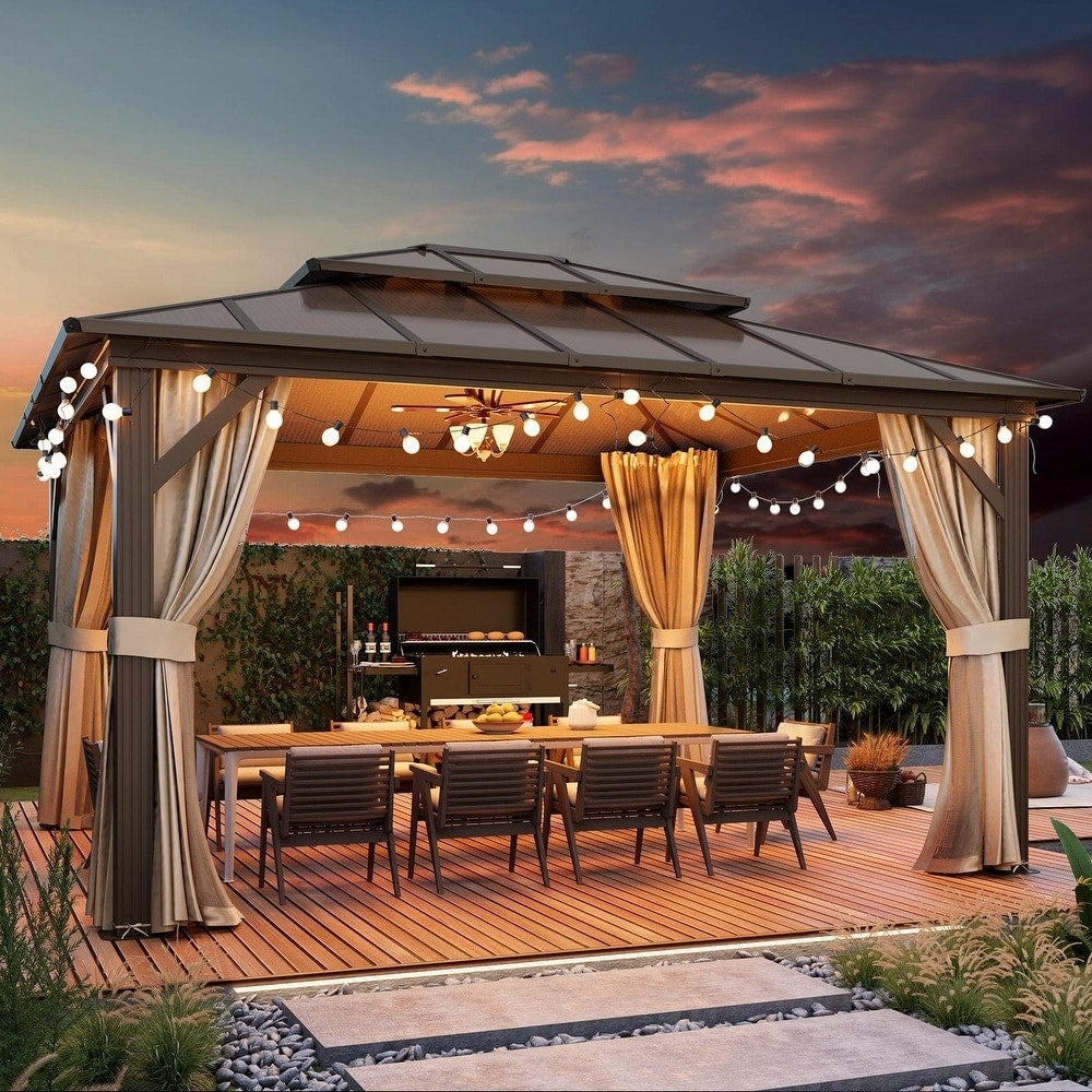 EROMMY Hardtop Gazebo,Outdoor Pergola with Double Roof & Netting & Curtains,Heavy Duty Canopy for Patio, Backyard, Pool party