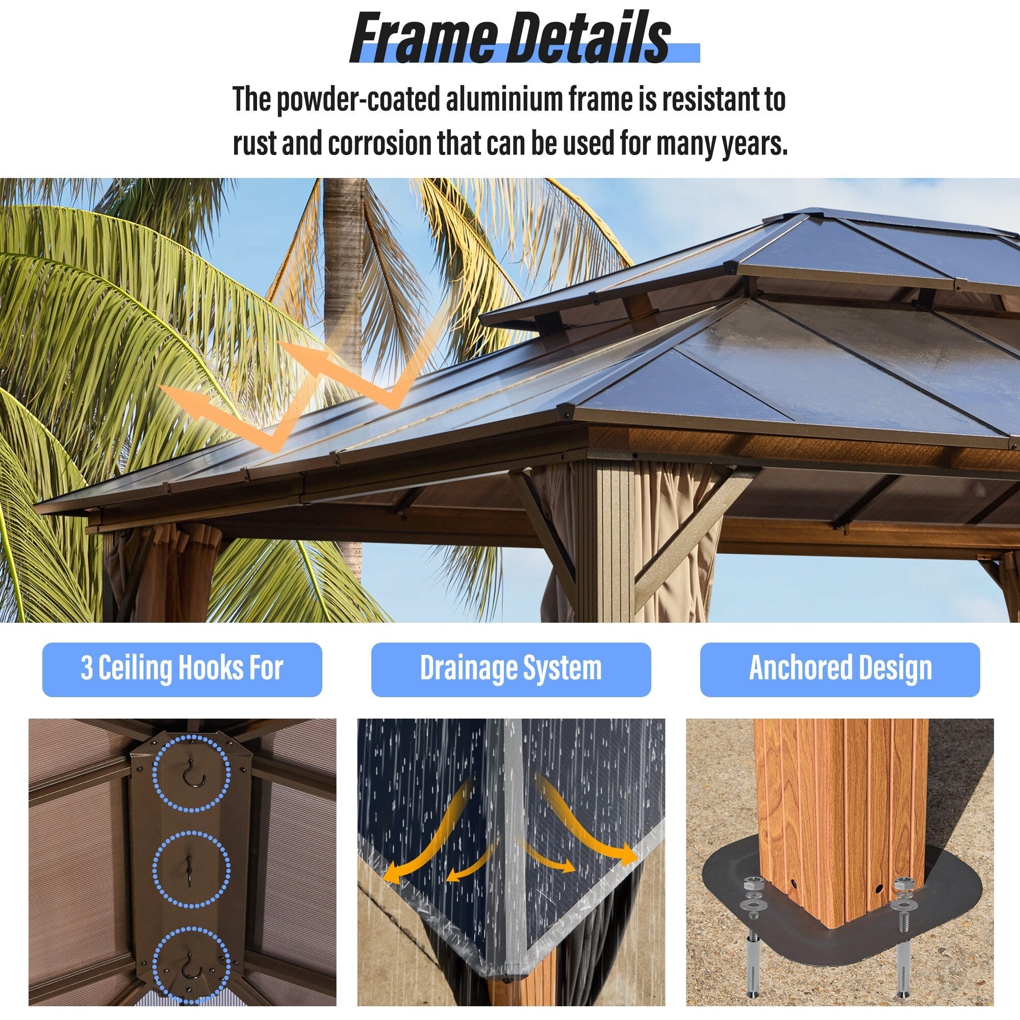 EROMMY Hardtop Gazebo,Outdoor Pergola with Double Roof & Netting & Curtains,Heavy Duty Canopy for Patio, Backyard, Pool party