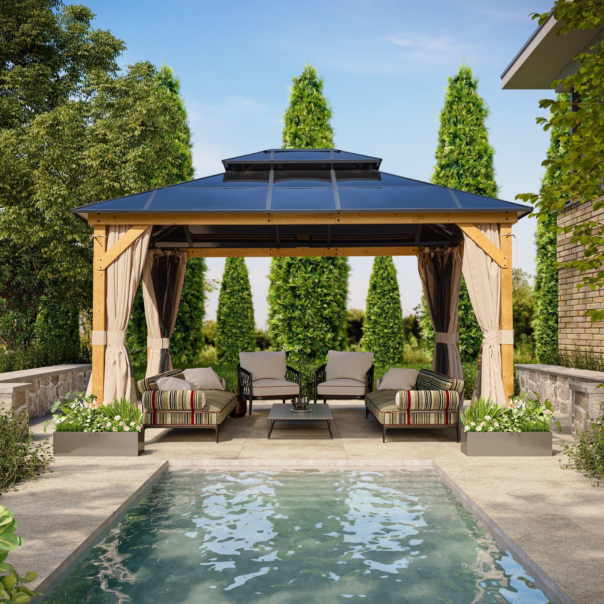 EROMMY Hardtop Gazebo,Outdoor Pergola with Double Roof & Netting & Curtains,Heavy Duty Canopy for Patio, Backyard, Pool party