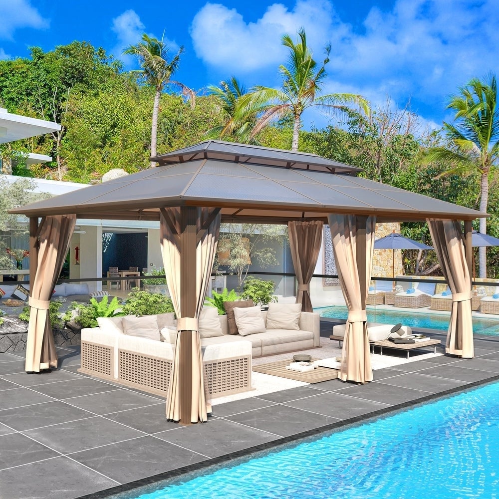 Hardtop Gazebo for Backyard – Permanent Pergola with Netting, Curtains & Double Roof, All-Weather Outdoor Shelter