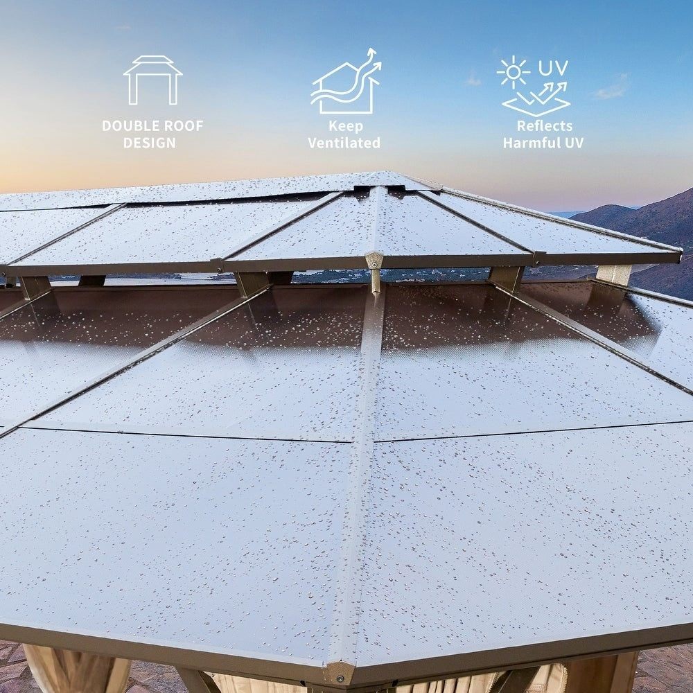 Hardtop Gazebo for Backyard – Permanent Pergola with Netting, Curtains & Double Roof, All-Weather Outdoor Shelter