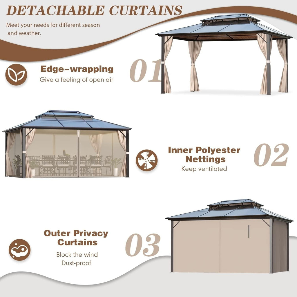 Hardtop Gazebo for Backyard – Permanent Pergola with Netting, Curtains & Double Roof, All-Weather Outdoor Shelter