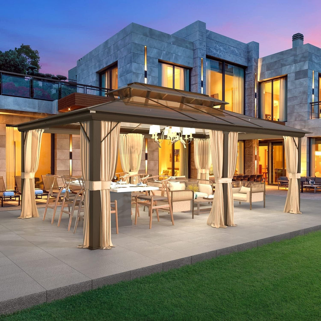 Hardtop Gazebo for Backyard – Permanent Pergola with Netting, Curtains & Double Roof, All-Weather Outdoor Shelter