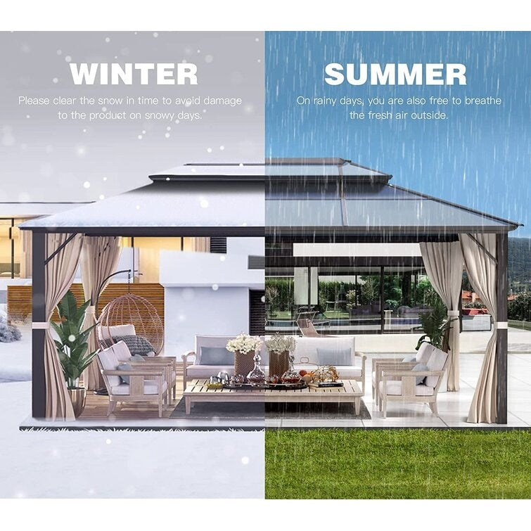 Hardtop Gazebo for Backyard – Permanent Pergola with Netting, Curtains & Double Roof, All-Weather Outdoor Shelter