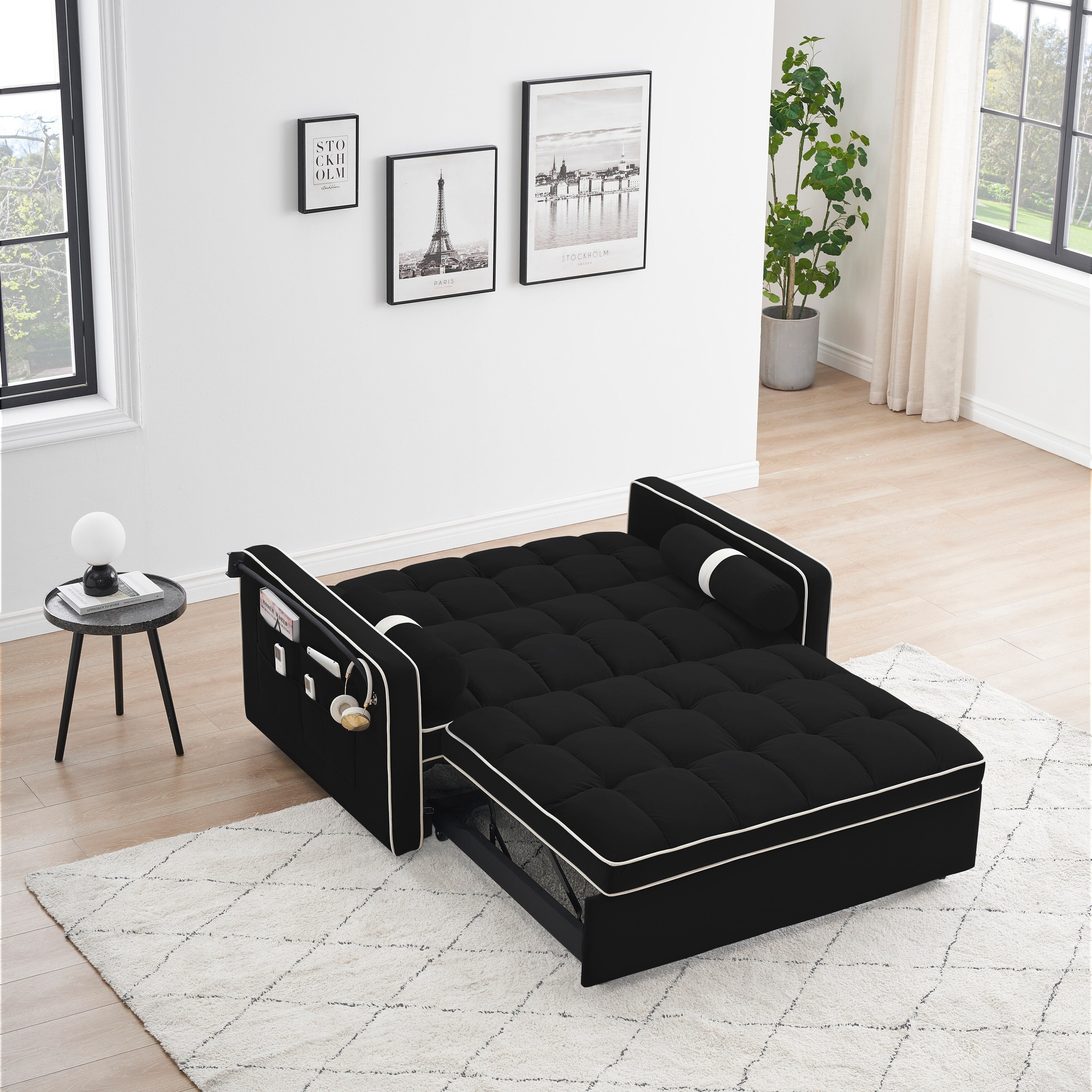 Velvet Convertible 55'' 2-Seater Sleeper Sofa with Pull-Out Bed, Adjustable Recline, Side Pockets, and Phone Holder