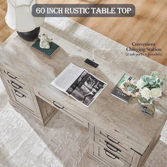 60 Farmhouse Executive Desk, Wood Home Office Desk, Computer Desk